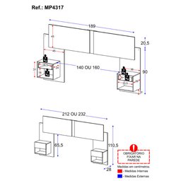 Cabeceira Casal/Queen com 2 Mesas de Cabeceira 232cm Multimóveis MP4317  - 4