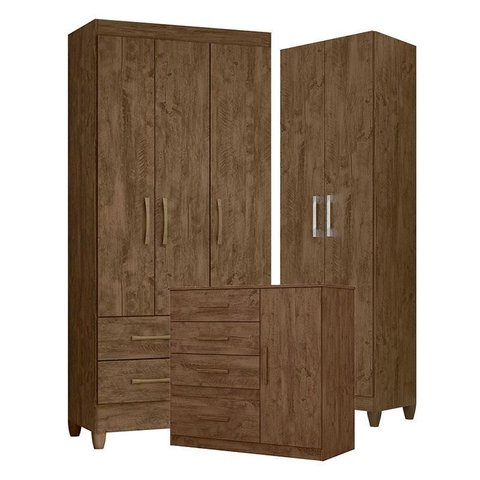 Guarda Roupa Solteiro Lima com Cômoda Vênus e Armário Multiuso New Íris Castanho Wood – Moval