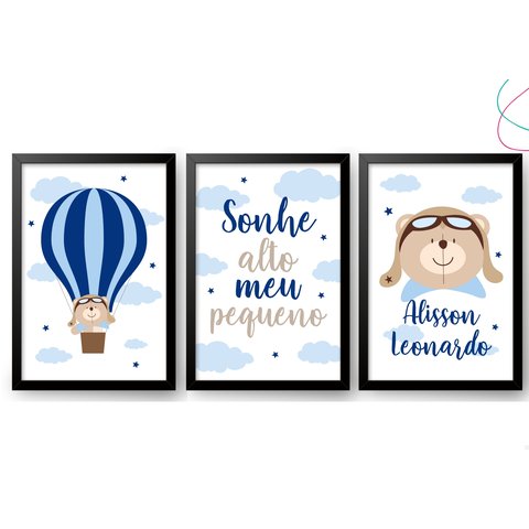 3 Quadros Decorativos Infantil Ursinho Aviador Baloeiro:preta