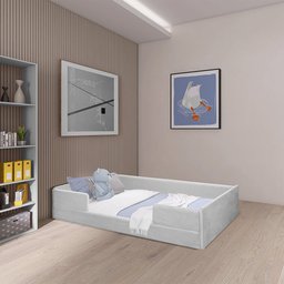 Cama Montessoriana Solteiro Madeira com Revestimento em Tecido Luana Cinza - 1