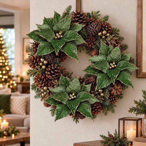 Flor Natalina Poinsetia Verde Enfeite Camurça 36cm Kit 8PÇS