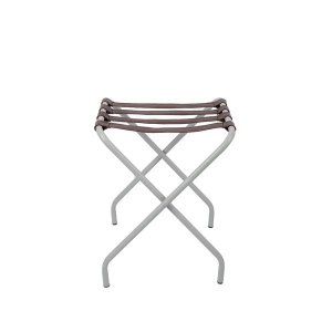 Suporte Para Mala Pintura Eletrostática Alumínio Fosco Tira Em Couro Tabaco Sem Encosto -