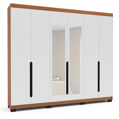 Guarda-Roupa Casal 6 Portas com Espelho Madrid Branco/Freijó