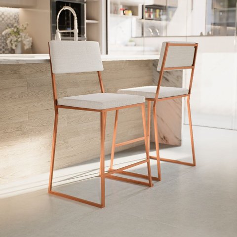 Kit 4 Banquetas Média Balcão Estofada com Encosto Rose Gold Linho Dubai