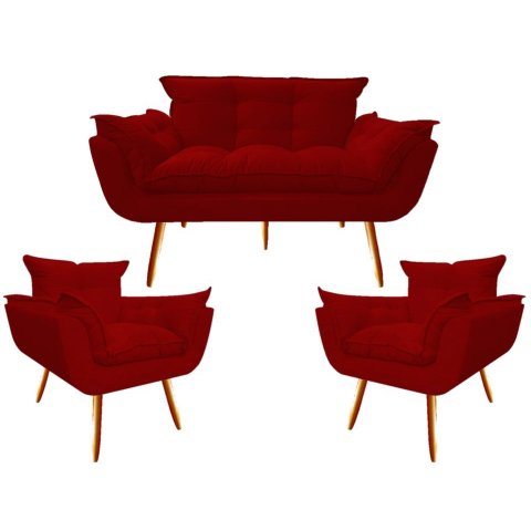 Kit Namoradeira + 2 Poltronas Decorativa Opala Suede Vermelho Pés Madeira Mz Decor