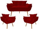 Ver imagem 1 de Kit Namoradeira + 2 Poltronas Decorativa Opala Suede Vermelho Pés Madeira Mz Decor
