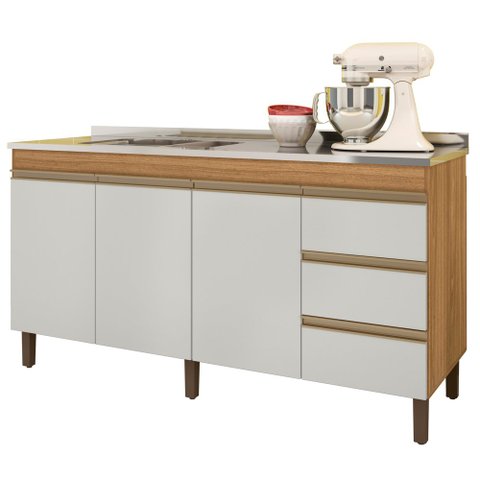 Balcão Gabinete com Pia 160cm 3 Portas Karen P14 Nature/off White - Mpozenato