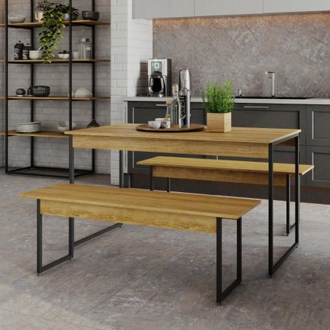 Mesa de Jantar Tub C-02 Bancos Lâmina Mel - Est.preta Lâmina Mel - Est.preta