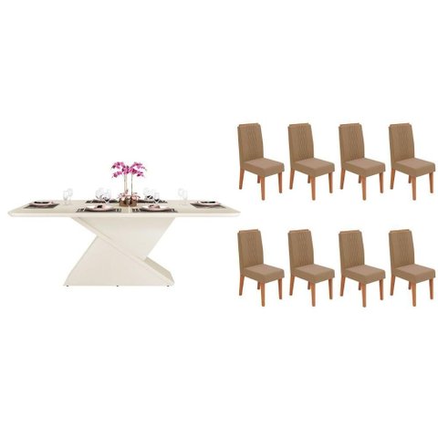 Conjunto: Mesa Sala Jantar Zafira C/ Tampo Madeirado C/ Vidro Curvo 200x100cm e 8 Cadeiras Lia Off