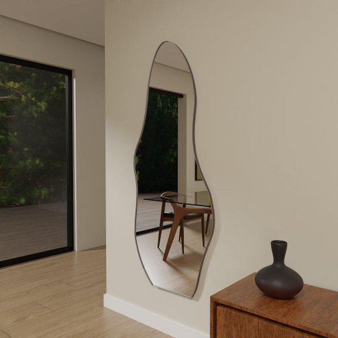Espelho Orgânico 115cm X 60cm E15 Moldura Couro Café Luxo Quarto