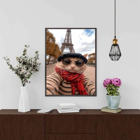 Quadro Foto Selfie Gata em Paris 33x24cm - com Vidro:moldura Preta