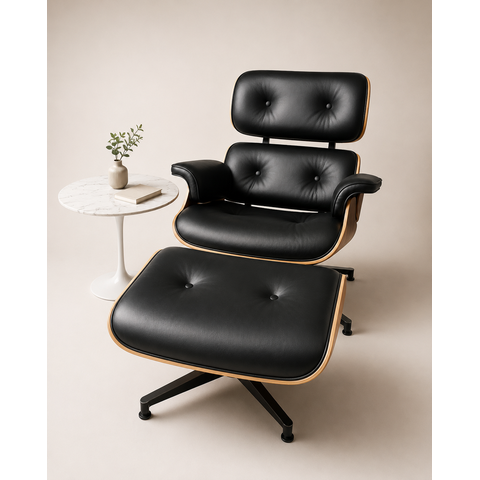 Poltrona Charles Eames com Puff - Couro Preto - Freijó