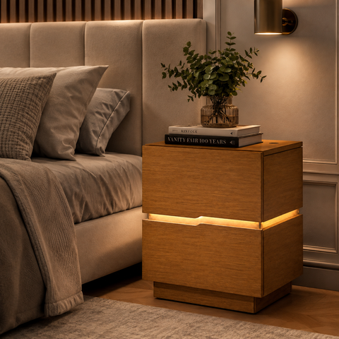 Mesa de Cabeceira 45cm MDF com LED 2 Gavetas Lateral Lumiar para Quarto Casal:Naturalle