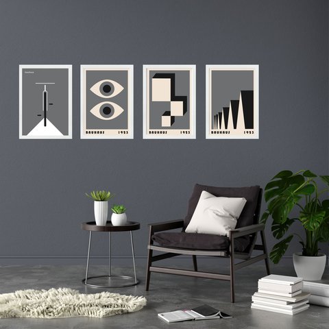 Kit 4 Quadros Artes Bauhaus Cinza e Preto 45x34cm - com Vidro:moldura Branca