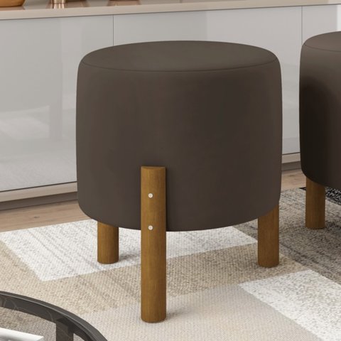 Puff Decorativo Redondo Banqueta Sala Quarto Escritório Pés Madeira Zuppy - Marrom Suede