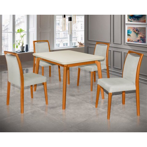 Mesa Jantar Luxo Jade 120x90cm Off White com 4 Cadeiras Estofadas Linho Cinza Base Madeira Maciça Me