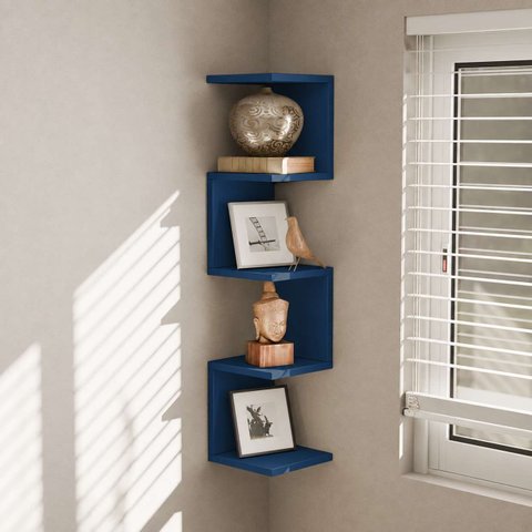 Prateleira de Canto Lyra 4 Nichos Decorativos Azul para Sala Quarto Livros