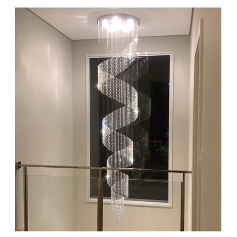 Lustre de Cristal Legítimo em Espiral Redondo 3 Metros de Altura Base Inox Dourada - Dourado