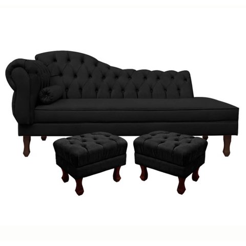 Divã Recamier Namoradeira Larissa 140cm com Capitonê - Direita + 02 Puffs Retrô Suede
