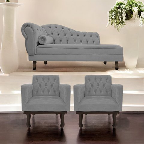 Kit Diva Recamier Diana 185cm Lado Direito e 02 Poltronas Classic Suede Cinza - ADJ Decor