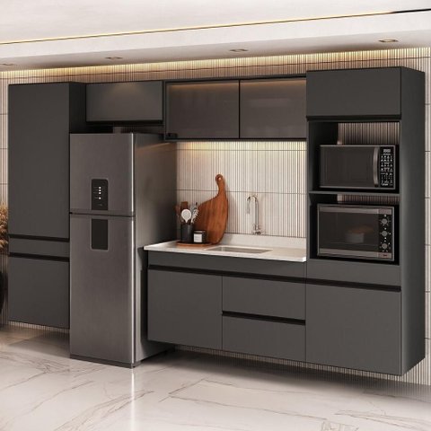 Armário de Cozinha Modulada Completa com Pia Suspensa 313cm Milano Multimóveis MCR2404 Grafite/