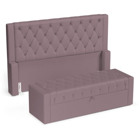 Cabeceira e Calçadeira Báu Casal Padrão Atena 140cm Capitonê Veludo Rosê - Desk Design