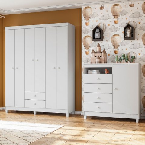 Kit Guarda Roupa 6 Portas Infantil e Comoda Sapateira 1 Porta 4 Gavetas Baby Kids Branco Flex Quarto