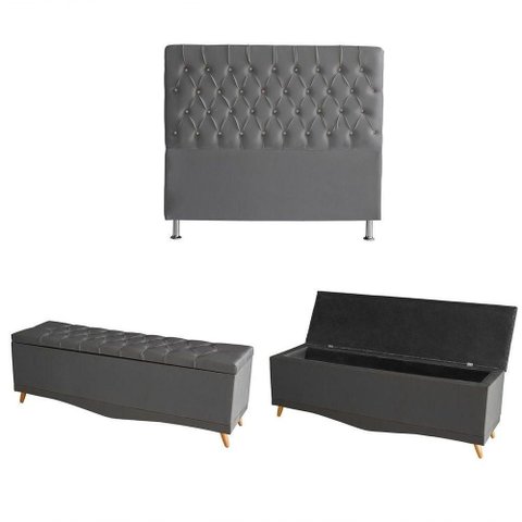 Kit Estrela Cabeceira de Cama Box e Calçadeira Baú Pés Palito Botão Cristal Casal 140 Cm Suede