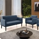 Ver imagem 4 de Sofá Namoradeira e 1 Poltrona Base Madeira Preto Maressa Suede Azul Marinho - Ibiza
