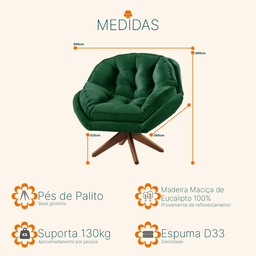 Poltrona Decorativa Pillow Top com Base Giratória Veludo Califórnia Verde - Sofá Casa - 4