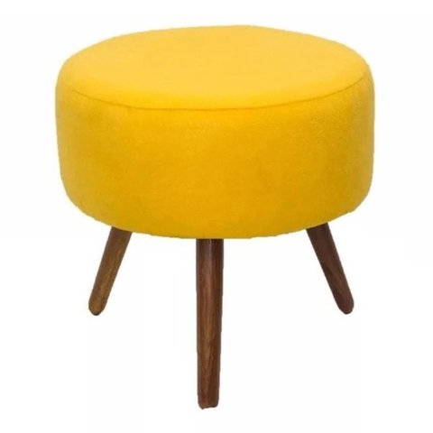 Puff Pufe Banqueta Redondo Estofado Pés Madeira Suede