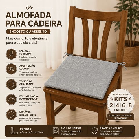 Kit Almofada para Cadeira 40x40x3cm Assento Encosto Espuma D28 com Amarração Cinza