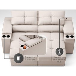 Sofá com Porta Copos e Carregador USB Retrátil e Reclinável Ringo 1,70m Velosuede Areia - - 6