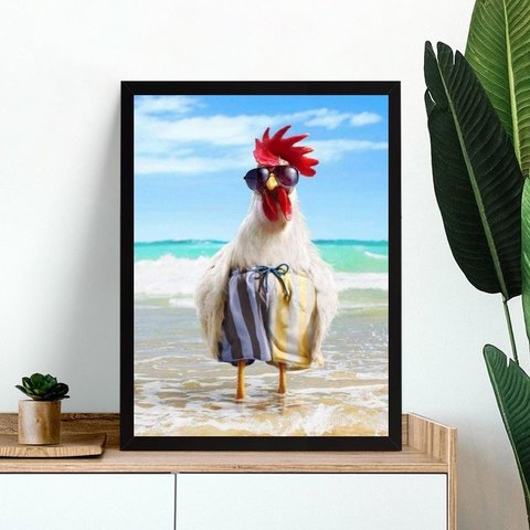 Quadro Decorativo Galo na Praia 24x18cm:moldura Branca