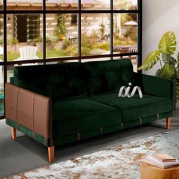 Sofá 3 Lugares Living 2,00M Veludo Verde Corino Caramelo Rio Shop JM - 1 Sofá 3 Lugares Living 2,00M Veludo Verde Corino Caramelo Rio Shop JM - 1