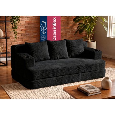 Sofá Cama Nami 1,88m Xpand Tech Tecido Velourê Preto Cama Inbox