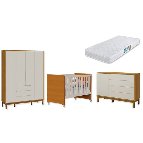 Quarto de Bebê Berço Evolution + Guarda Roupa 4P + Cômoda Sp Elfe Areia Fosco / Savana com Colchão