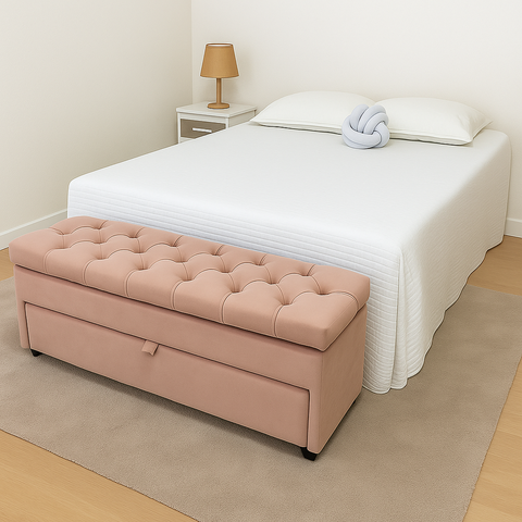 Puff Baú Gaveta Capitonê na Medida Perfeita de 120x40x45cm Cor Rosê (perfeito para Pequenos Espaços)