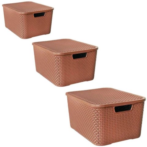 3 X Caixa Organizadora Plástica Rattan 15 Litros Marrom