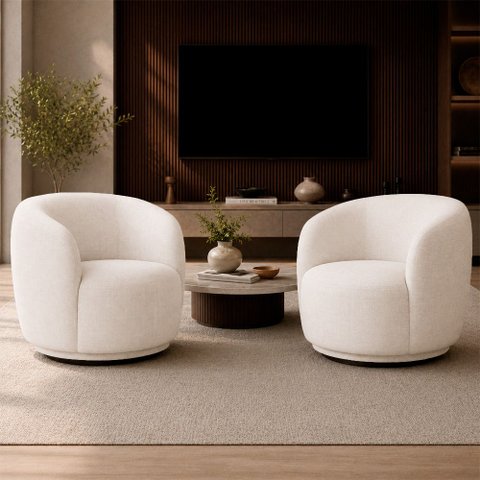 Kit 2 Poltronas Decorativas Sala de Estar Melissa Giratória Linho Off White M1 - Monari Design