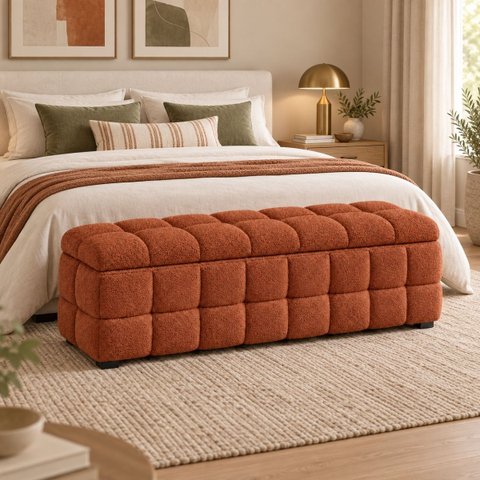 Recamier Baú Cama Casal 138cm Banco Puf Estofado Bouclé Boss:Terra Cota/Bouclé