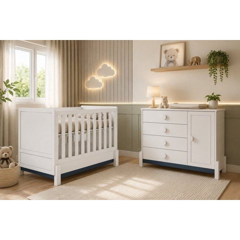 Quarto de Bebê Comoda 4 Gv em MDF e Berço 2 em 1 (Berço/Caminha) em MDF Linha Luna em MDF