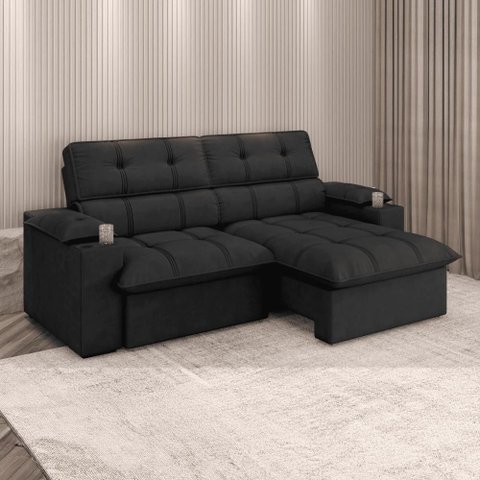 Sofá Retrátil e Reclinável 2,10m Suede Preto c/ Porta Copo Liverton Xflex