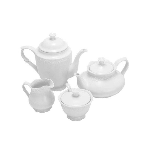 Conjunto 4 Peças de Chá de Porcelana Alto Relevo Completo Açucareiro Leiteira Chaleira e Cafeteira R