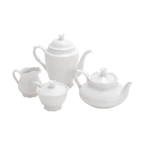 Conjunto 4 Peças de Chá de Porcelana Alto Relevo Completo Açucareiro Leiteira Chaleira e Cafeteira R - 3