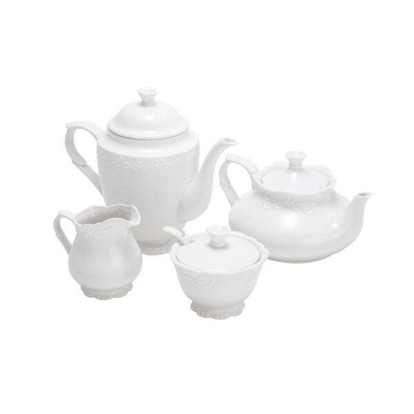 Conjunto 4 Peças de Chá de Porcelana Alto Relevo Completo Açucareiro Leiteira Chaleira e Cafeteira R - 2