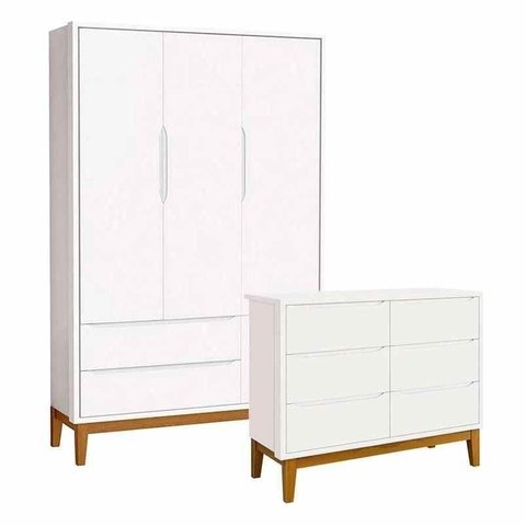 Cômoda 6 Gavetas e Guarda Roupa Infantil 3 Portas New Classic Branco Acetinado com Pés Madeira - Rel