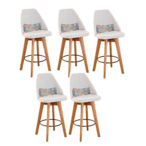 Kit 05 Banquetas Linho Bege E Almofada Folhas