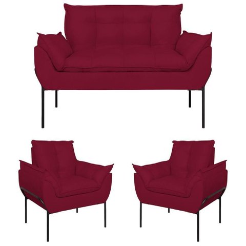 Kit 02 Poltronas + Namoradeira Pé Metal Preto Recepção Sala Marsala
