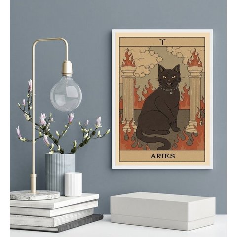 Quadro Carta Tarot Gato Signo Áries 24x18cm:madeira Branca